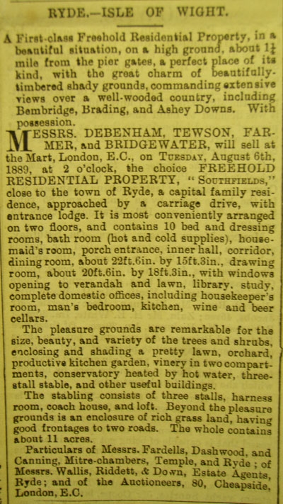 Southfields Sale, 13 Jul 1889