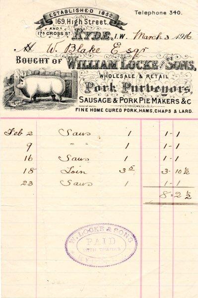 William Locke Pork Purveyors Bill of sale